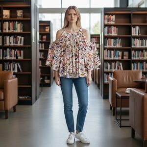 Rebecca Minkoff Abstract Print Cold Shoulder V Neck Blouse Women's Size M